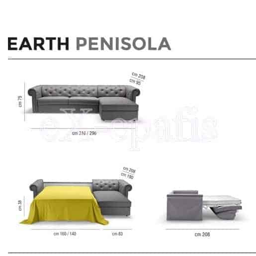 καναπές γωνιακός με κρεβάτι earth penisola noctis διαστάσεις